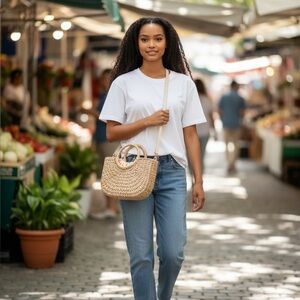 LC Lauren Conrad Mini Half Moon Tote Woven Straw Ginham Lining Hand Bag